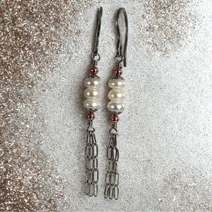 Handmade Freshwater Pearl & Stainless Dangle Tassel Earrings w/ Copper Accents